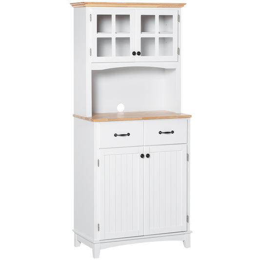 HOMCOM Freestanding Kitchen Cupboard, Kitchen Storage Cabinet with Framed Glass Doors, 2 Drawers, Microwave Counter, White