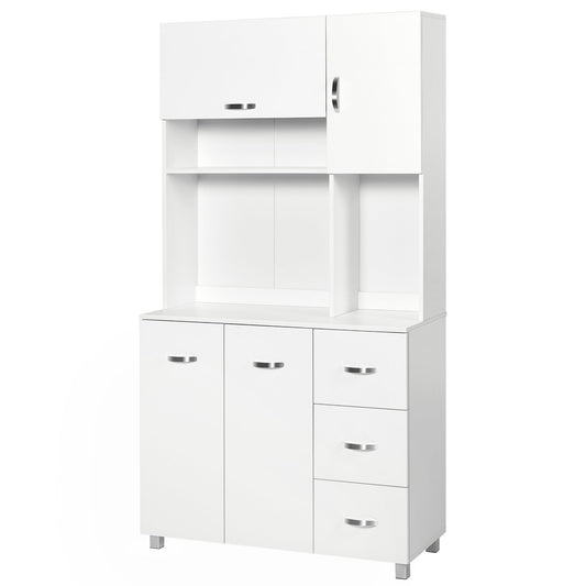 HOMCOM Kitchen Cupboard, 183cm Tall Storage Cabinet with Countertop, Sideboard with 3 Drawers, 4 Doors and Open Shelves, 100W x 39.5D x 183.5H cm, White