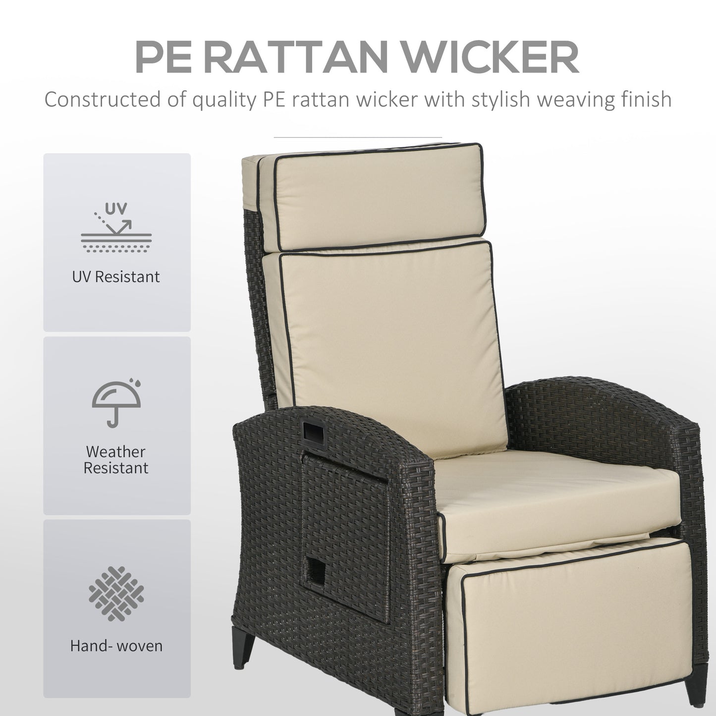 Outsunny Outdoor Recliner Chair with Adjustable Backrest and Footrest, Cushion, Side Tray, Khaki