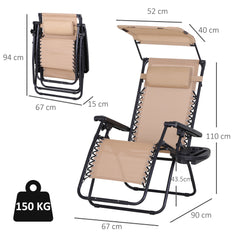 Outsunny 2 Piece Foldable Reclining Garden Chair with Headrest, Zero Gravity Deck Sun Lounger Seat Chair with Footrest, Armrest, Cup Holder & Canopy Shade, Beige