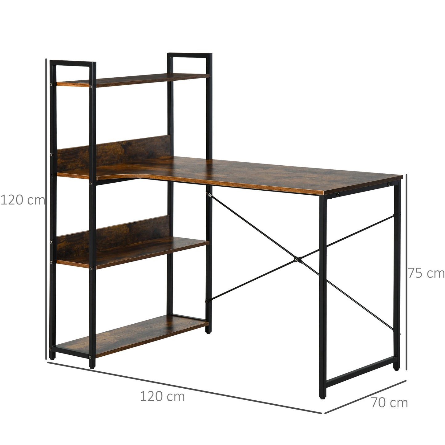 HOMCOM Office Desk with Storage Shelves, 120 CM Computer Desk, Industrial Study Table with Metal Frame for Home Office Small Space, Rustic Brown