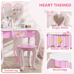 AIYAPLAY Kids Dressing Table Set, Vanity Table with Stool, Mirror, Drawer, Desktop Storage, Heart Theme, Pink