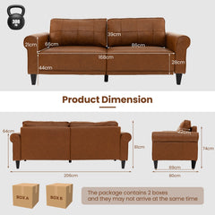 206 cm PU Leather Sofa Couch with 2 Detachable Back Pillows-Brown