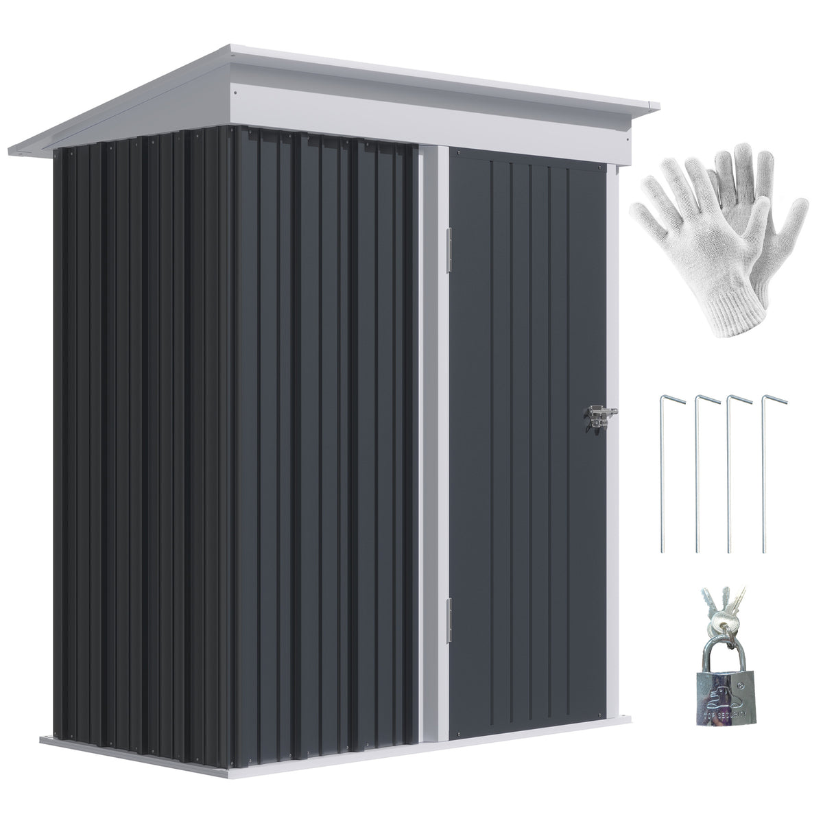 Outsunny Metal Garden Shed, Outdoor Lean-to Shed for Tool Motor Bike, with Adjustable Shelf, Lock, Gloves, 5'x3'x6', Dark Grey