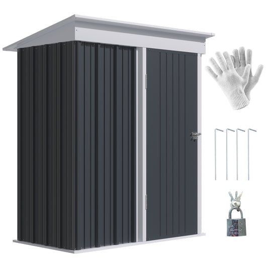 Outsunny Metal Garden Shed, Outdoor Lean-to Shed for Tool Motor Bike, with Adjustable Shelf, Lock, Gloves, 5'x3'x6', Dark Grey