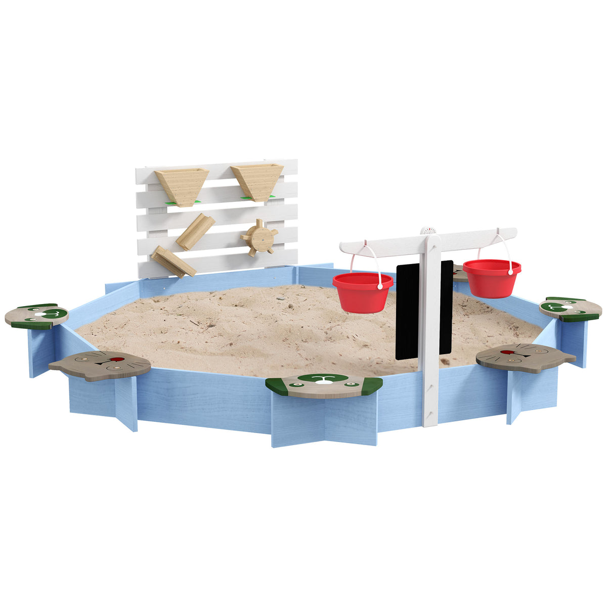 Outsunny Wooden Sandbox, Outdoor Sand Pit, with Six Seats, Accessories, for Ages 3-7 Years - Blue