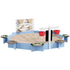 Outsunny Wooden Sandbox, Outdoor Sand Pit, with Six Seats, Accessories, for Ages 3-7 Years - Blue