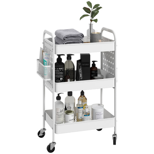 HOMCOM 3-tier Storage Trolley on Wheels, Rolling Utility Serving Cart with 3 Mesh Baskets, 2 Hanging Boxes and 6 Hooks for Living Room, Kitchen, White