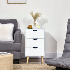 HOMCOM Bedside Table, Bedside Cabinet with 3 Drawers, Small Side Table with Wood Legs and Cut-out Handles for Bedroom, Cream White