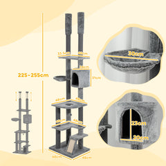 PawHut 225-255cm Floor to Ceiling Cat Tree, Large Cat Tower w/ Cat Scratching Posts, Ramp, Cat House