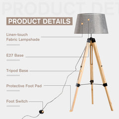 HOMCOM Tripod Floor Lamp Wooden Adjustable Modern Illumination Design E27 Bulb Compatible (Grey Shade) 99-143H