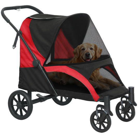 PawHut Foldable Pet Stroller for Large Dogs with Four Big Wheels, Shock-Absorbing Frame, Safety Leashes, Brakes, Red/Black