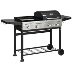 Outsunny 15kW Deluxe Duo Gas BBQ, with Grill, Plancha and Side Burner - Black