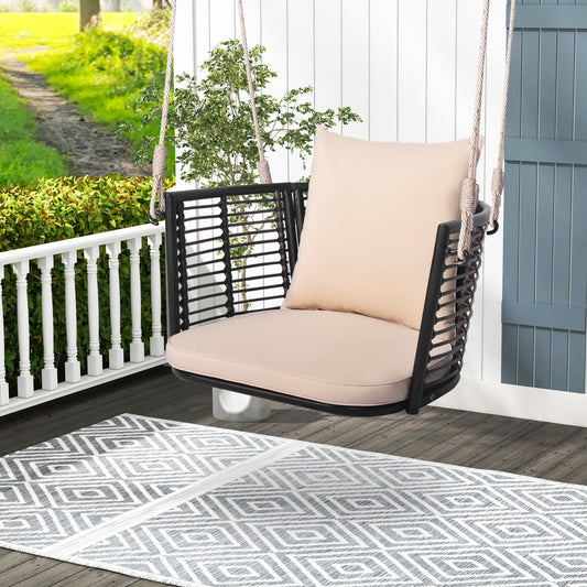 Patio Hanging Rattan Basket Chair Swing Hammock Chair with Cushions-Brown
