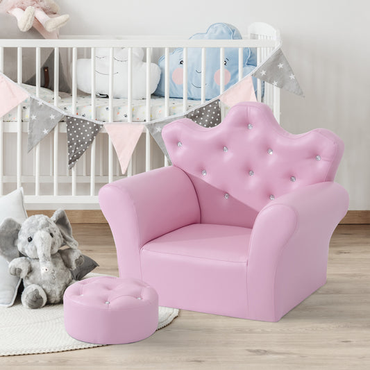 HOMCOM Children Kids Sofa Set Armchair Chair Seat with Free Footstool PU Leather for Girls 58L x 40.5W x 49H cm Pink