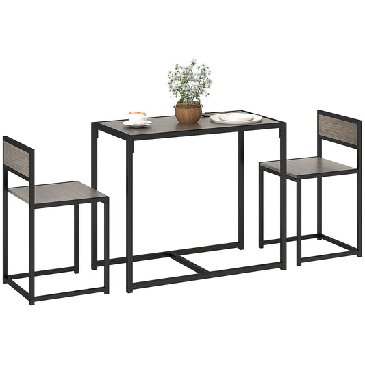 HOMCOM Dining Table and Chairs Set 2, Dining Room Sets, Rectangular Space Saving Table and 2 Chairs for Compact Kitchens, Steel Frame, Grey Wood-Effect