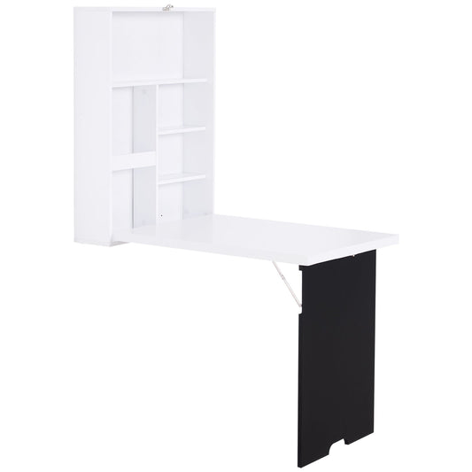 HOMCOM Folding Wall-Mounted Drop-Leaf Table, Convertible Wall Table With Chalkboard and Storage Shelf, Multifunctional Floating Desk for Home Office, White