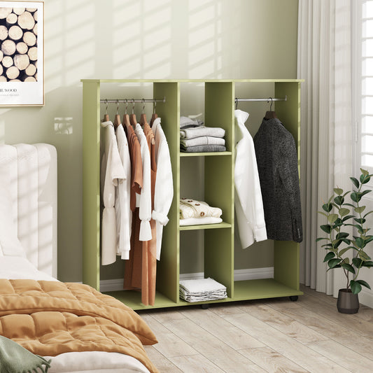 HOMCOM Open Wardrobe Double Mobile Storage Shelves Organizer W/6 Wheels-Green