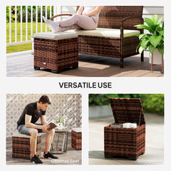 Outsunny Set of 2 Rattan Storage Ottoman, Outdoor Footstool with Removable Cushions, Garden Storage Seat for Balcony, Poolside, Living Room, Beige