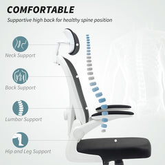 HOMCOM Executive Office Chair, Ergonomic Mesh High Back Desk Chair with Flip-up Armrest, Rotatable Headrest, Adjustable Lumbar Support for Home Study, Black