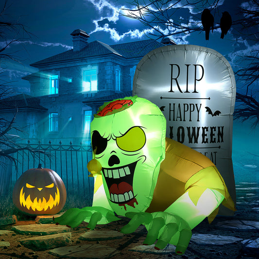 HOMCOM 5FT Halloween Ghost and Tombstone، نفخ ديكورات الهالوين الخارجية مع أضواء LED مدمجة للحديقة والعشب والحفلات