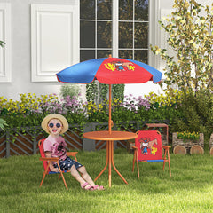 Outsunny Kids Picnic Table and Chair Set, Cowboy Themed Outdoor Garden Furniture w/ Foldable Chairs, Adjustable Parasol