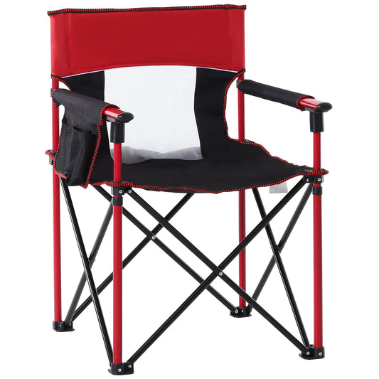 Outsunny Folding Fishing Camping Chair Portable Picnic Armchair Director Seat Oxford Metal Frame with Cup Holder, Phone Pocket - Red