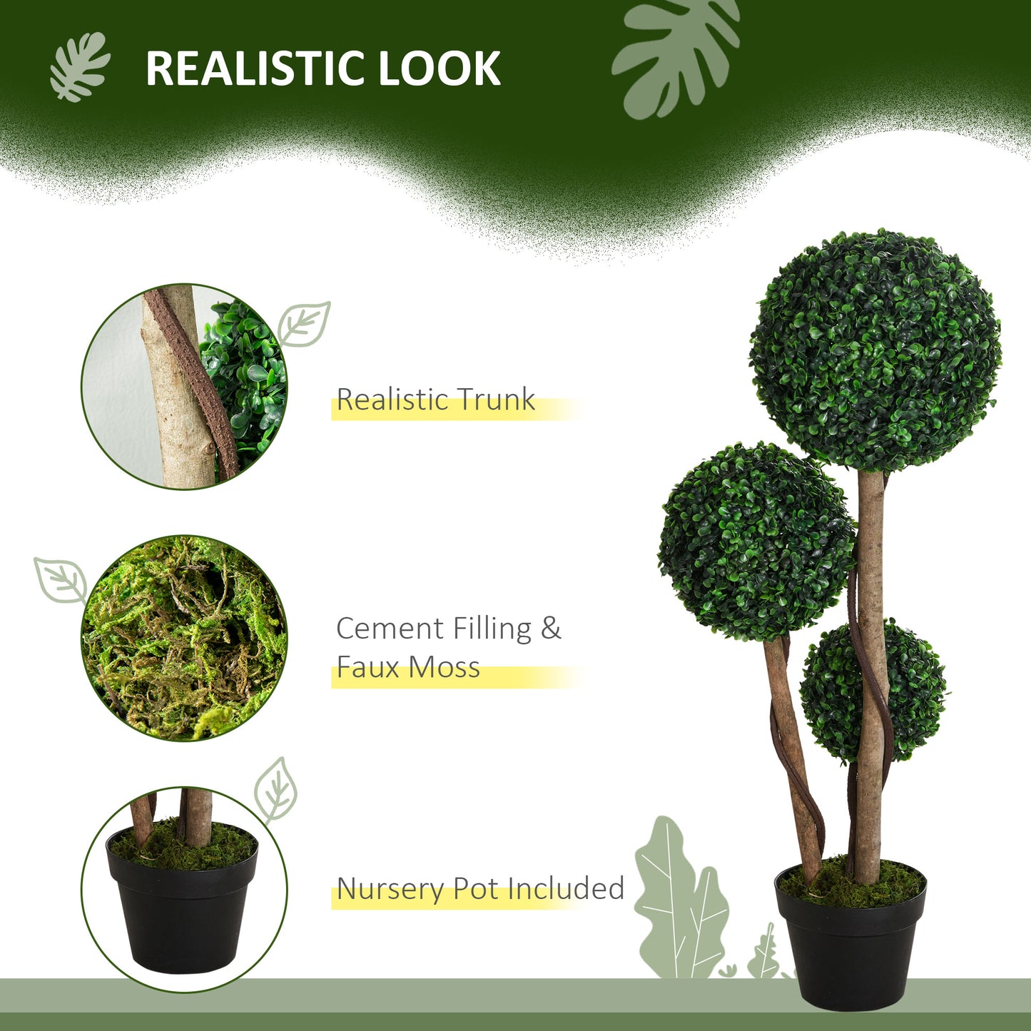 HOMCOM Decorative Artificial Tree Boxwood Ball Topiary Tree in Pot Fake Plant for Home Indoor Outdoor Decor, 90 cm, Dark Green