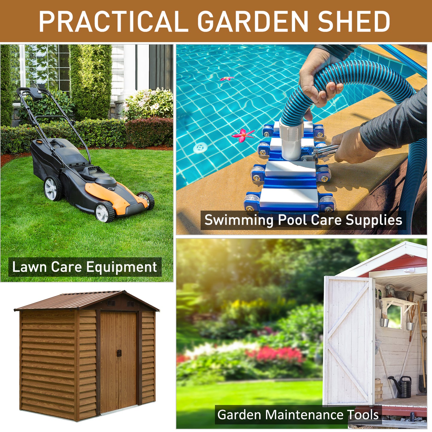 Outsunny 8 x 6ft Metal Garden Shed, House Hut Gardening Tool Storage with Ventilations, Sliding Door, Sloped Roof and Foundation Kit for Garden, Patio, Brown
