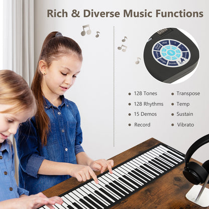Portable 88-Key Roll Up Electronic Piano for Kids and Beginners-Black
