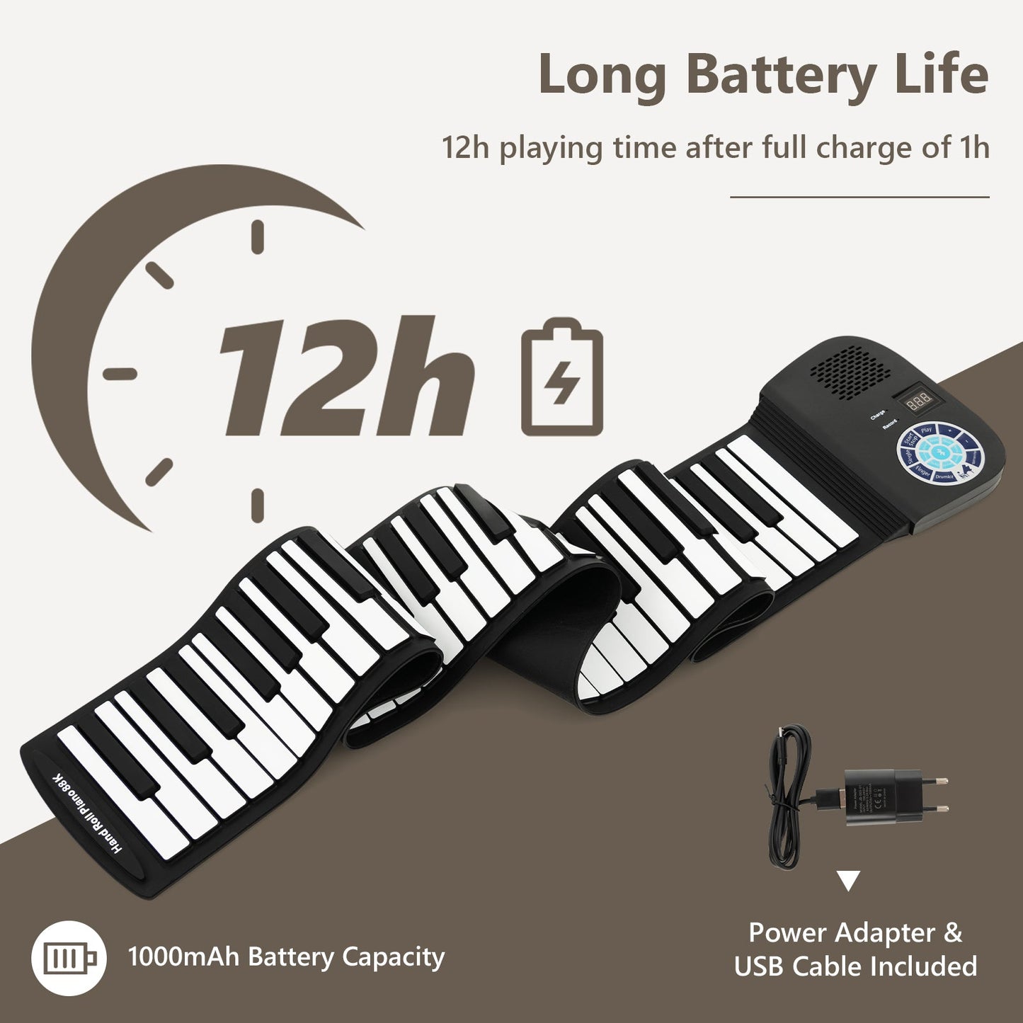 Portable 88-Key Roll Up Electronic Piano for Kids and Beginners-Black