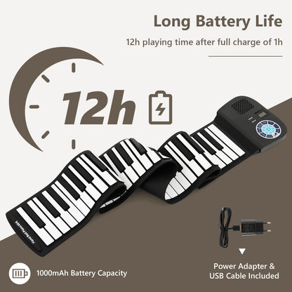 Portable 88-Key Roll Up Electronic Piano for Kids and Beginners-Black