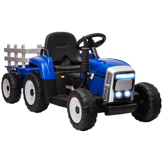 HOMCOM Ride On Tractor, Battery Powered Electric Car, with Detachable Trailer, Remote Control, Music - Blue