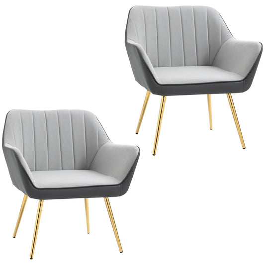 HOMCOM Velvet Armchairs, Upholstered Accent Chairs with Golden Steel Legs, Modern Vanity Chairs for Living Room and Bedroom, Set of 2, Light Grey