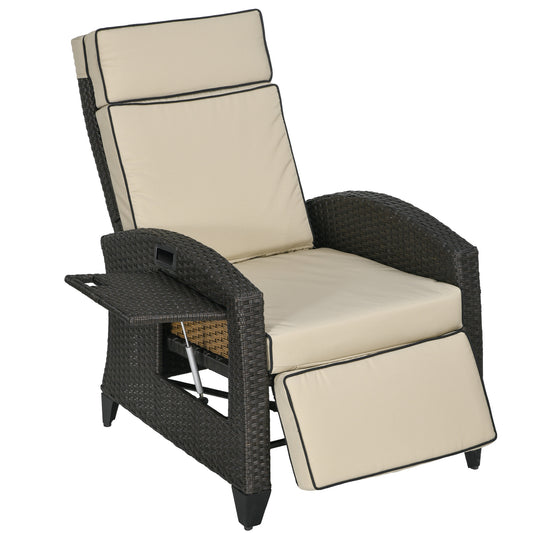 Outsunny Outdoor Recliner Chair with Adjustable Backrest and Footrest, Cushion, Side Tray, Khaki