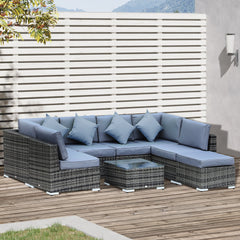 Outsunny 8 Pieces PE Rattan Corner Sofa Set with Thick Cushions, Aluminium Outdoor Rattan Garden Furniture Set with Glass Top Table, No Assembly Required, Grey