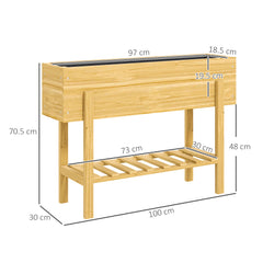 Outsunny Wooden Raised Garden Bed, Elevated Planter Box with Bed Liner, Drainage Holes and Storage Shelf, Raised Planter for Vegetables, Flowers, Herbs, 100 x 30 x 71 cm, Natural Wood Finish