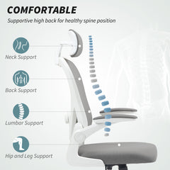 HOMCOM Executive Office Chair, Ergonomic Mesh High Back Desk Chair with Flip-up Armrest, Rotatable Headrest, Adjustable Lumbar Support for Home Study, Grey