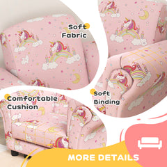 AIYAPLAY 2 Piece Kids Sofa Set with Unicorn Design, Wooden Frame, for 1.5-3 Years Old, Pink