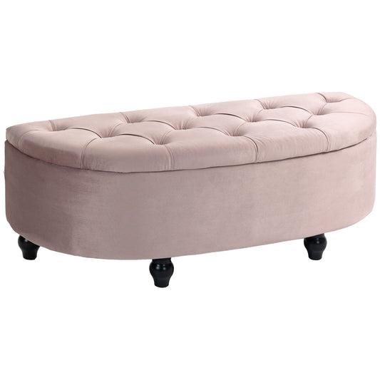 HOMCOM Semi-Circle Ottoman Storage Bench, Bed End Bench, Tufted Upholstered Window Seat Footrest Stool with Rubberwood Legs for Bedroom & Entryway, 120 x 46 x 42 cm, Pink