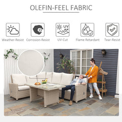 Outsunny 5 PCS Reclining PE Rattan Garden Dining Set Bonzer Patio Furniture w/ Sofa Chairs Glass Table, Olefin Cushions Adjustable Feet Stylish Lounge Conversation