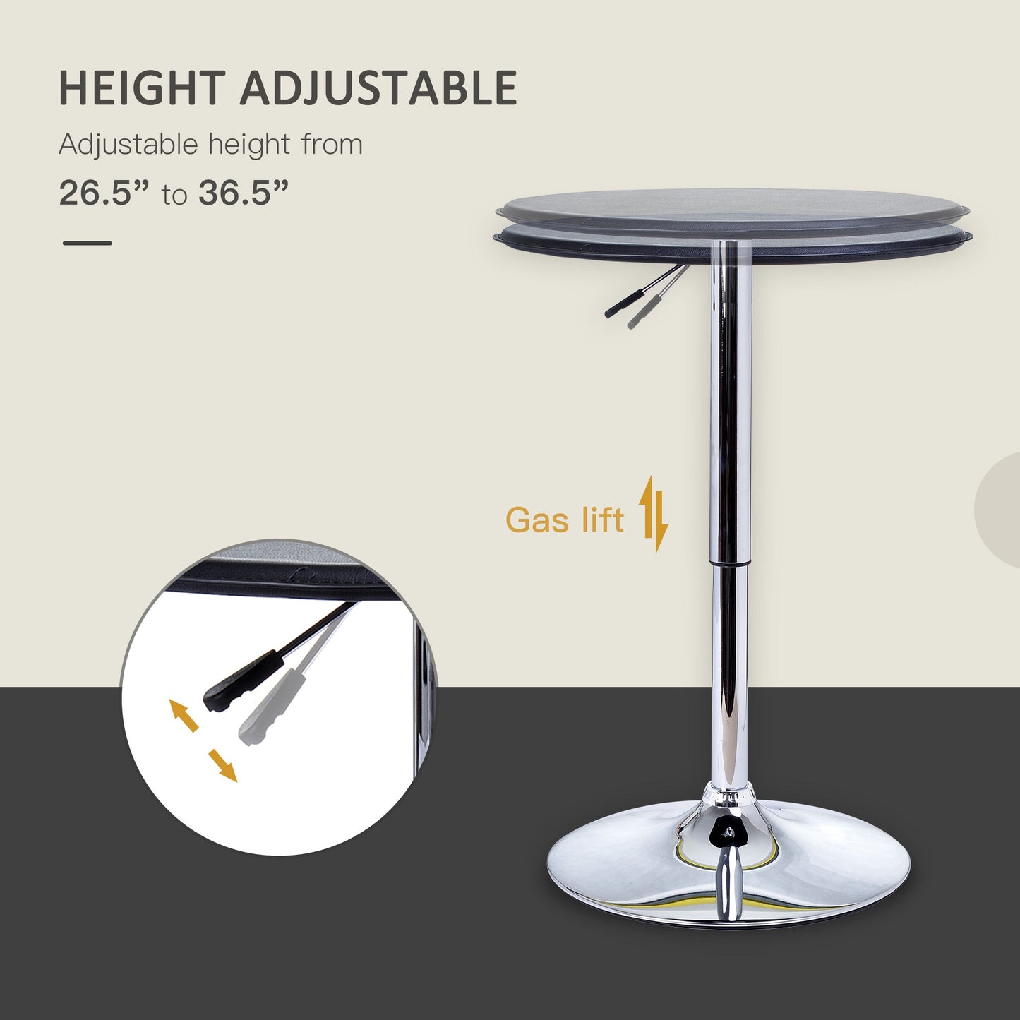 HOMCOM Adjustable Round Bistro Bar Table with PVC Leather Top Steel Base Home Kitchen Dining Desk Black