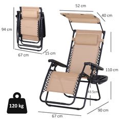 Outsunny Foldable Reclining Garden Chair with Headrest, Zero Gravity Deck Sun Lounger Seat Chair with Footrest, Armrest, Cup Holder & Canopy Shade, Beige