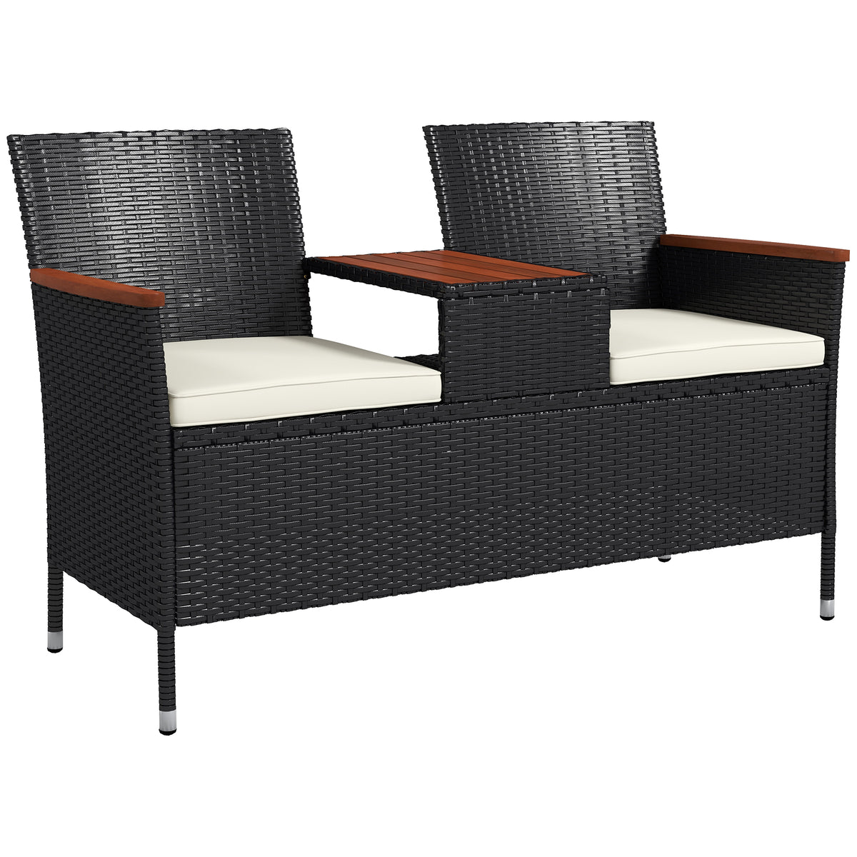 Outsunny Two-Seat Rattan Loveseat, with Wood-Top Middle Table - Black