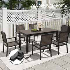 Outsunny 6 Seater Garden Dining Set with Stackable Chairs, Aluminium Frame, Rectangular Plastic Top, Garden Furniture Set, Outdoor Dining Table and Chairs for Patio, Balcony, Poolside, Brown