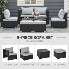 Outsunny 8 Pieces PE Rattan Sofa Set with Cushions, Garden Corner Sofa with 4 Seater Sofa, 2 Footstools and 2 Coffee Table Set, Space-saving Design, No Assembly Required, Black