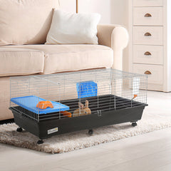 PawHut Small Animal Cage Rabbit Guinea Pigs Chinchillas Cage w/ Wheels Water Bottle Food Dish Platform Ramp 119 x 59 x 50 cm Black