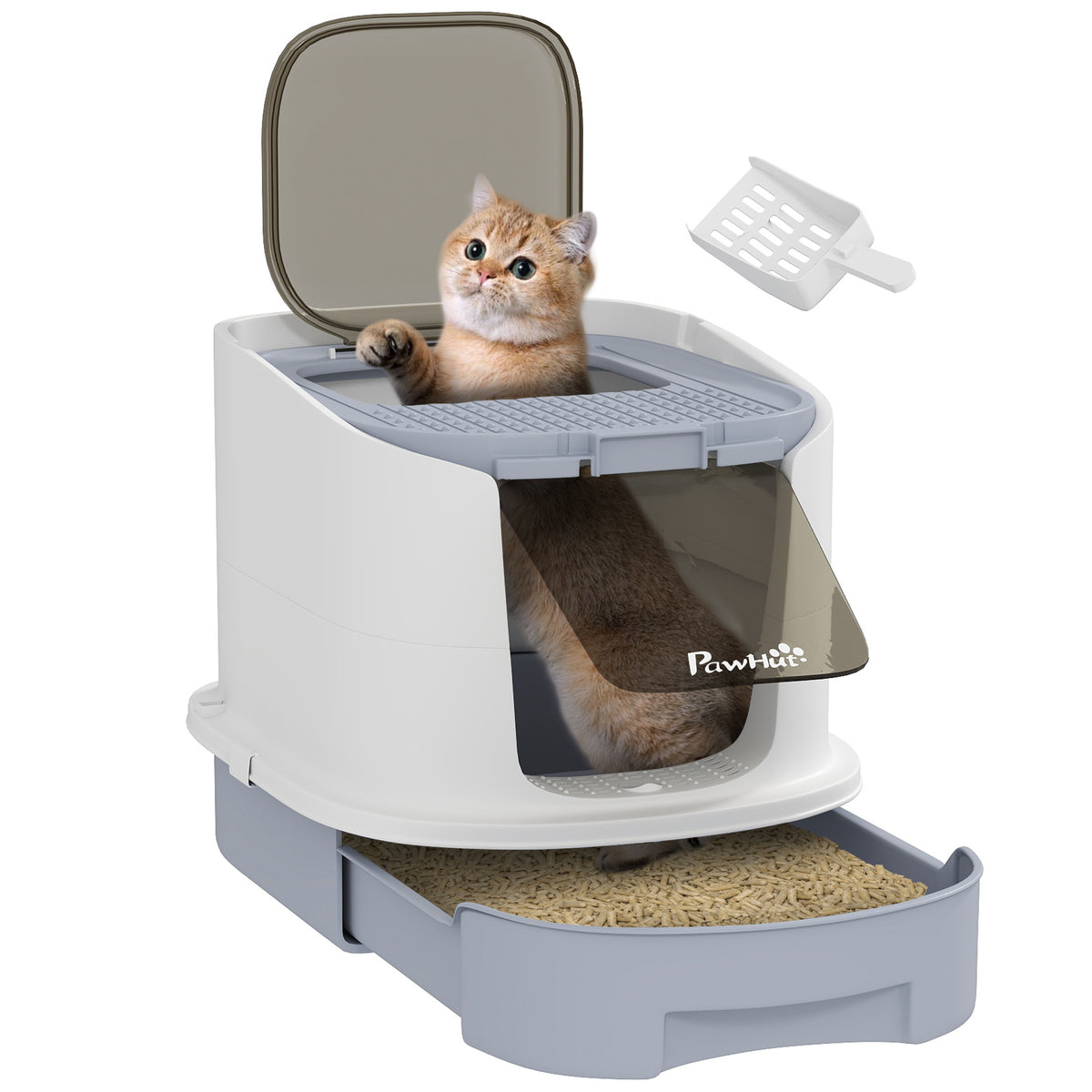 PawHut Cat Litter Box with Lid, Scoop, Deodorization Bags, Top Entry, Cat Toilet Easy Clean with Drawer Pan, Grey