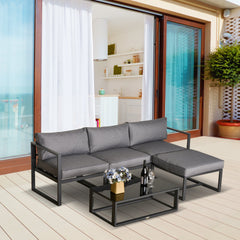 Outsunny 5 Pieces Outdoor Patio Furniture Set, Sofa Couch with Glass Coffee Table, Cushioned Chairs and Aluminum Tube, for Balcony Garden Backyard, Grey