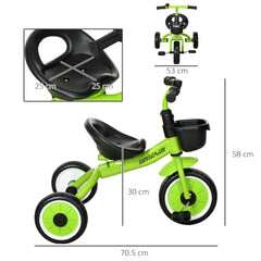 AIYAPLAY Kids Trike, Tricycle, with Adjustable Seat, Basket, Bell, for Ages 2-5 Years - Green